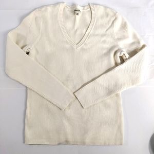 St. John's Bay Ribbed Cotton Blend Long Sleeve V-Neck White Sweater Women's XL